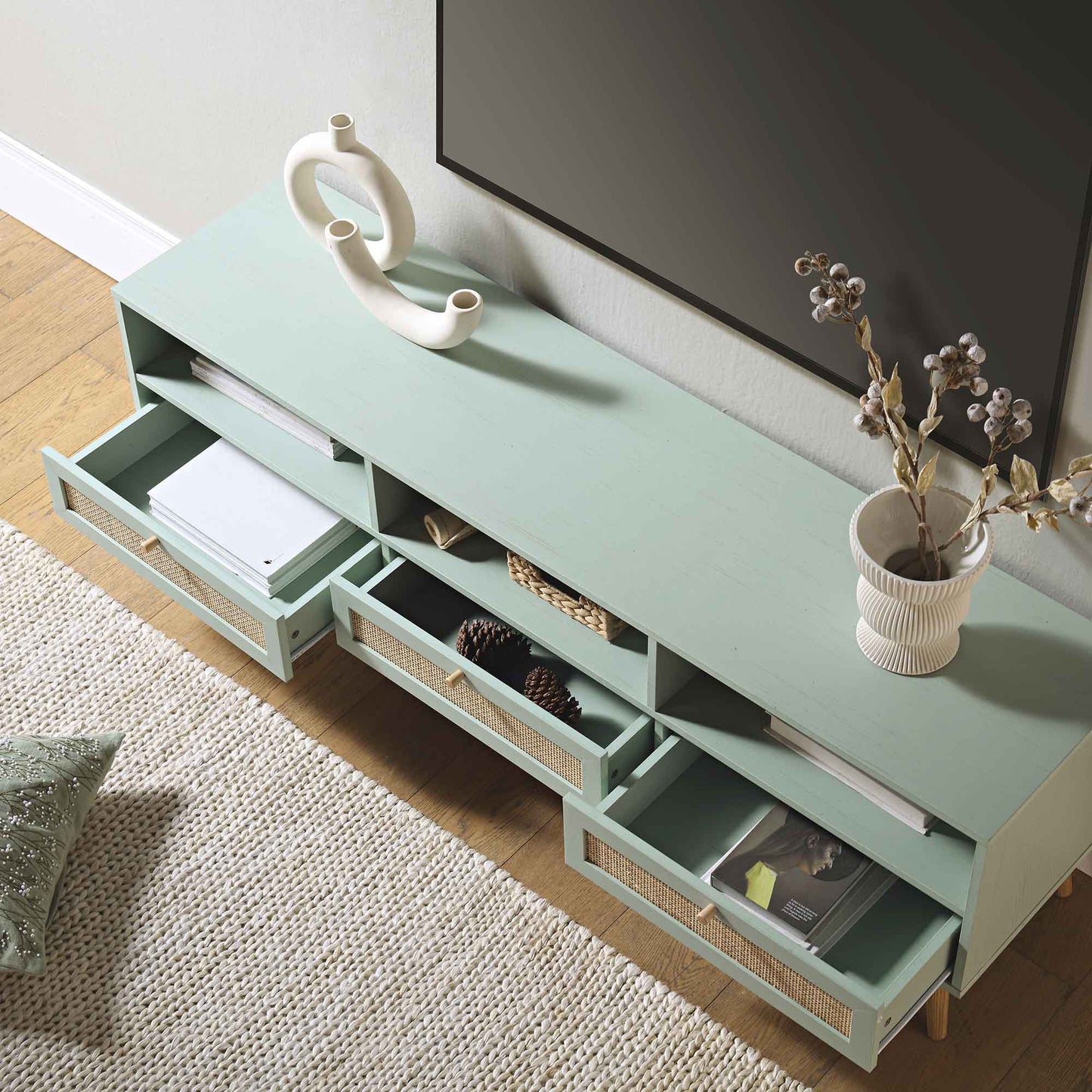 Frances Woven Rattan 160cm 3-Drawer TV Unit, Mint