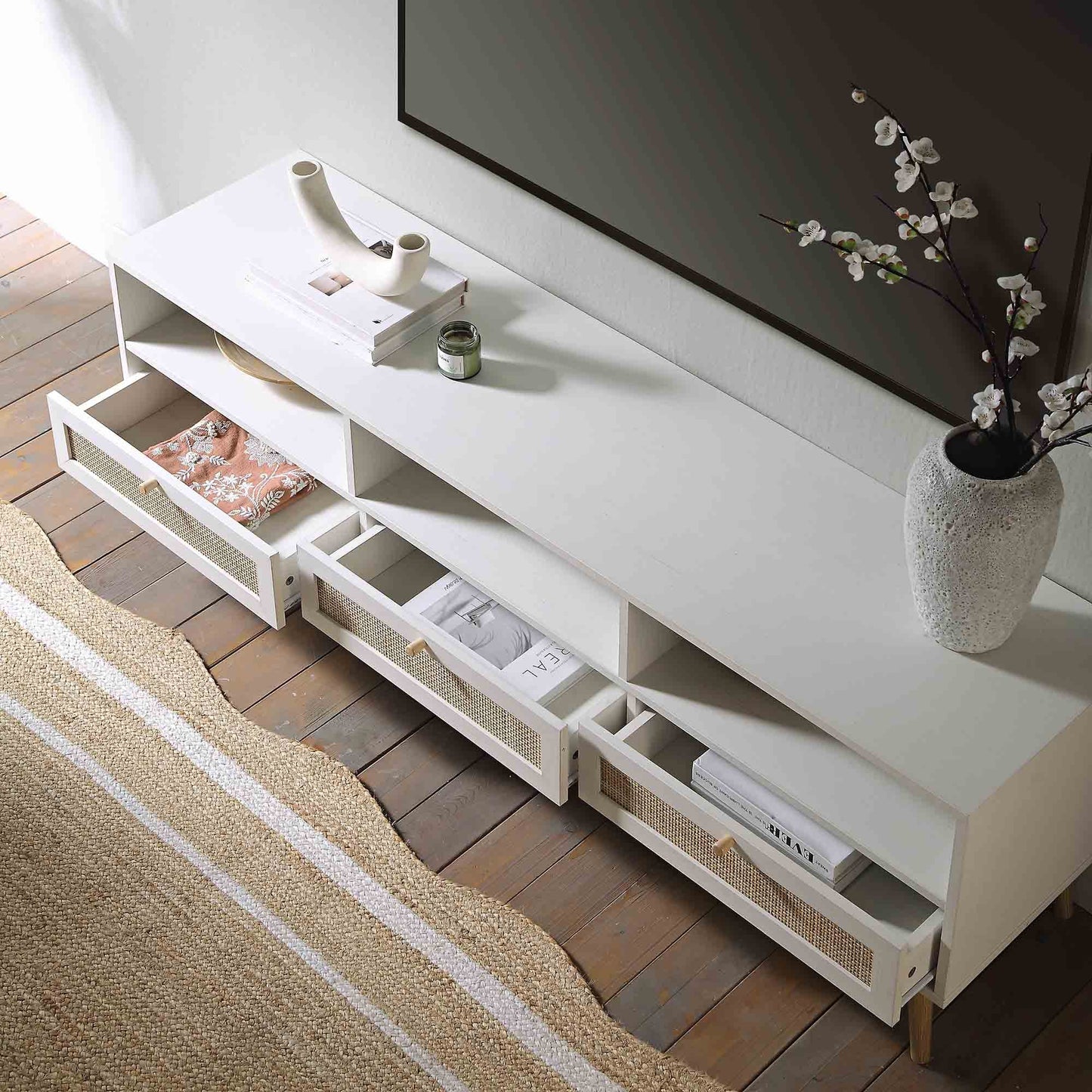 Frances Woven Rattan 160cm 3-Drawer TV Unit, White