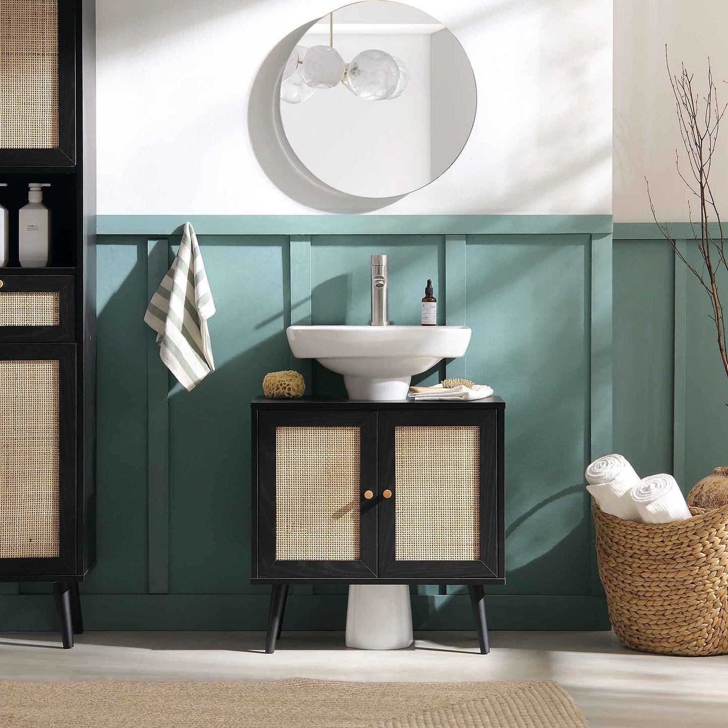 Frances Woven Rattan 2-Door Bathroom Undersink Unit, Black