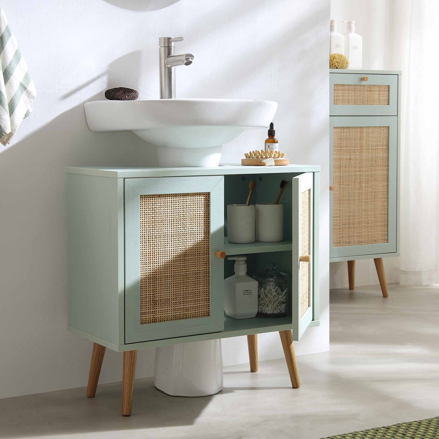 Frances Woven Rattan 2-Door Bathroom Undersink Unit, Mint Green