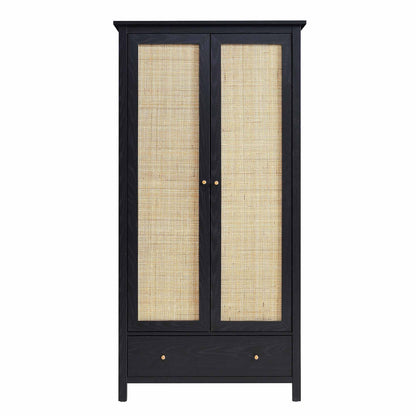 Frances Rattan Double Wardrobe with 1 Drawer, Black