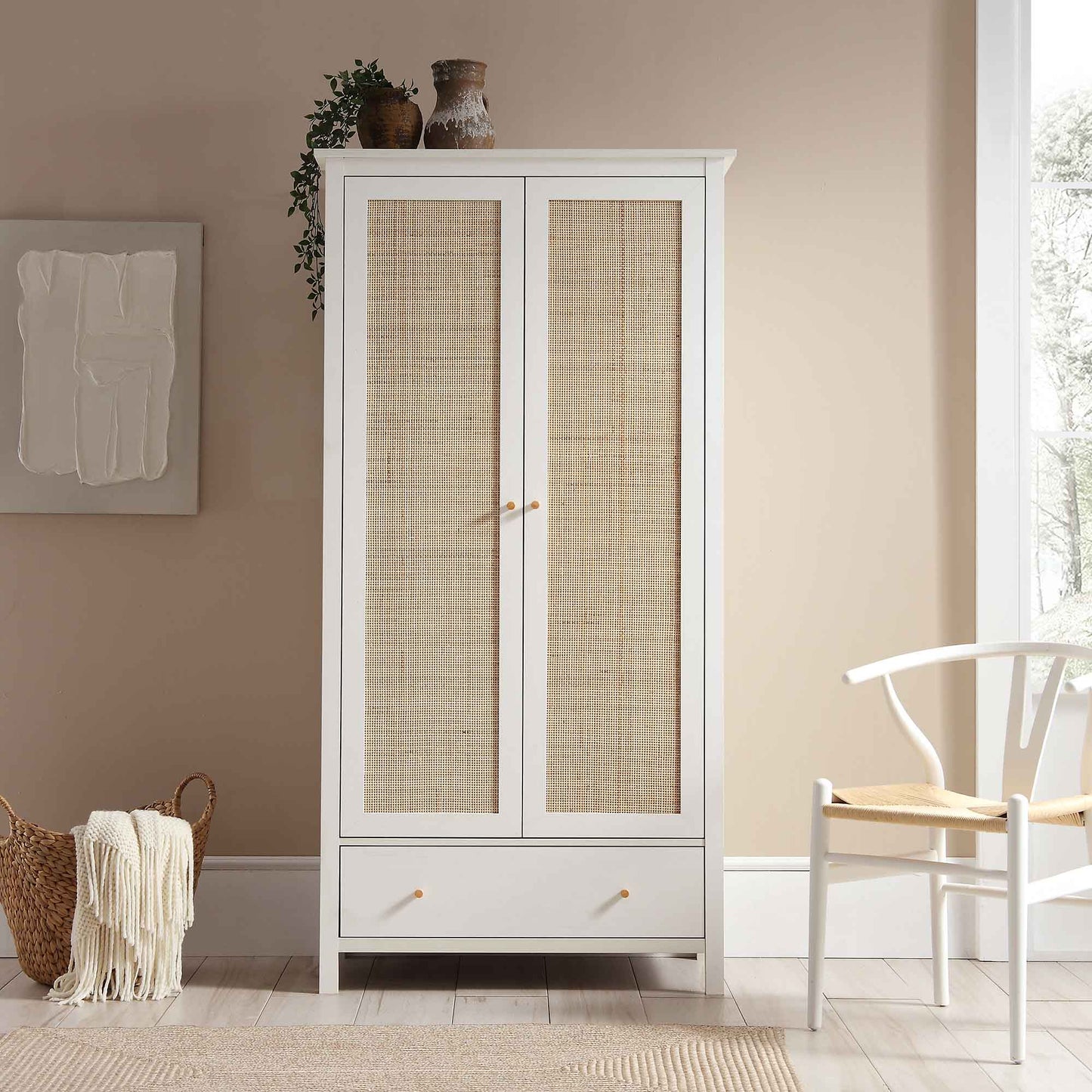 Frances Rattan Double Wardrobe with 1 Drawer, White