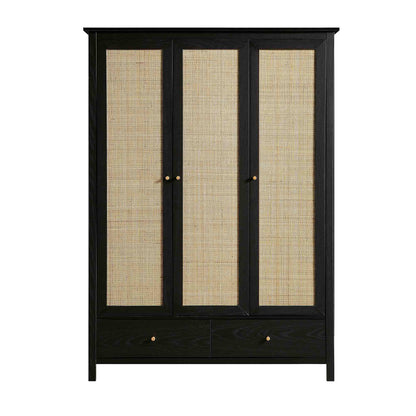 Frances Rattan Triple Wardrobe with 2 Drawers, Black