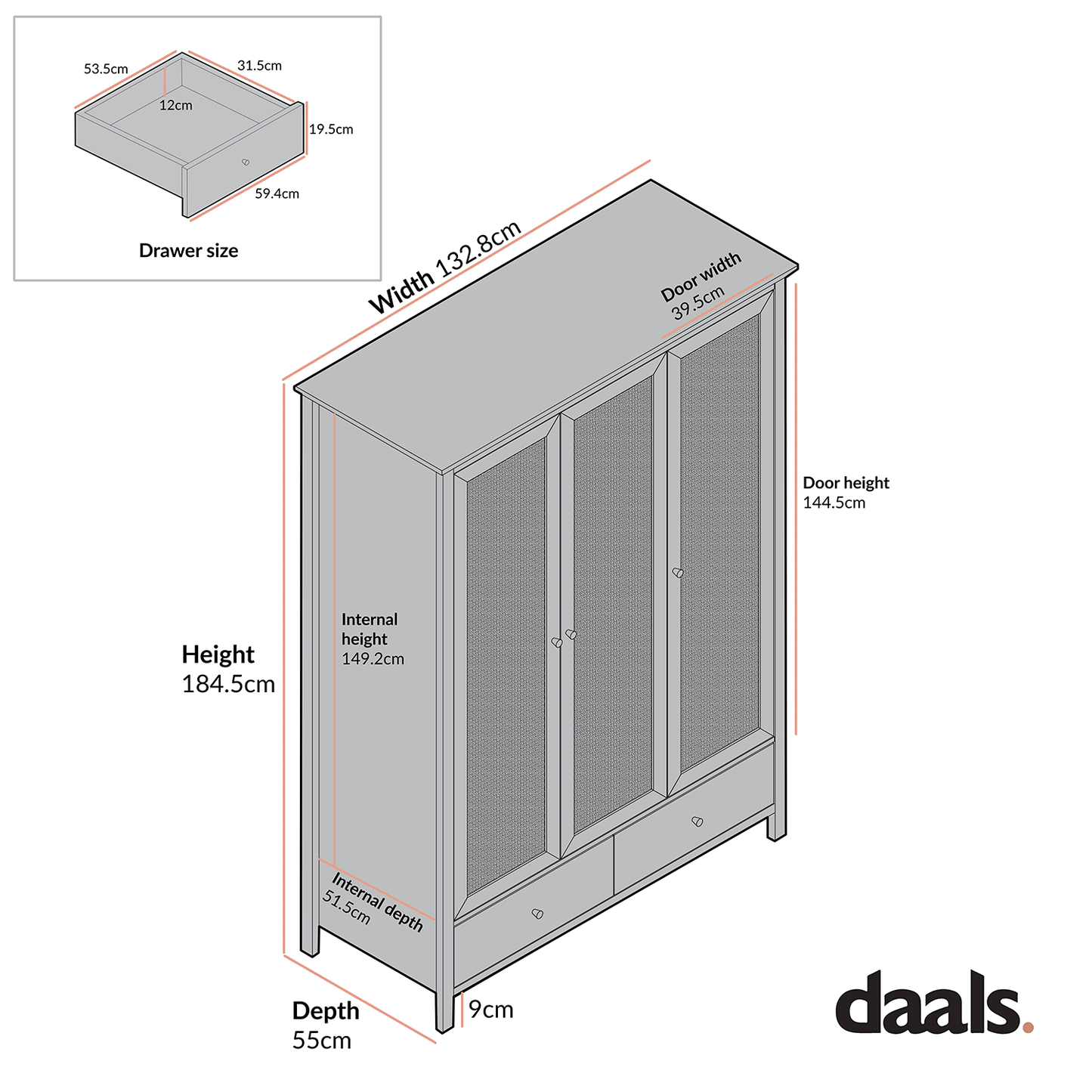 Frances Rattan Triple Wardrobe with 2 Drawers, Mint