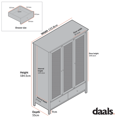 Frances Rattan Triple Wardrobe with 2 Drawers, Black