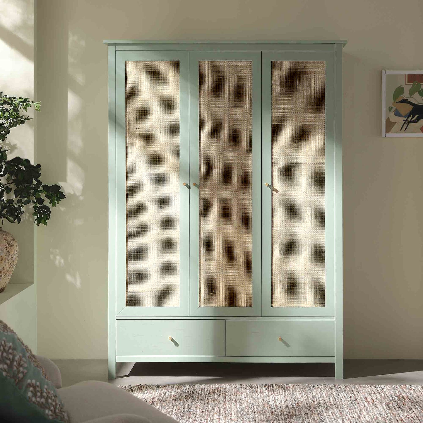 Frances Rattan Triple Wardrobe with 2 Drawers, Mint