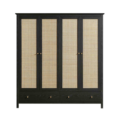 Frances Rattan 4-Door Wardrobe with 2 Drawers, Black