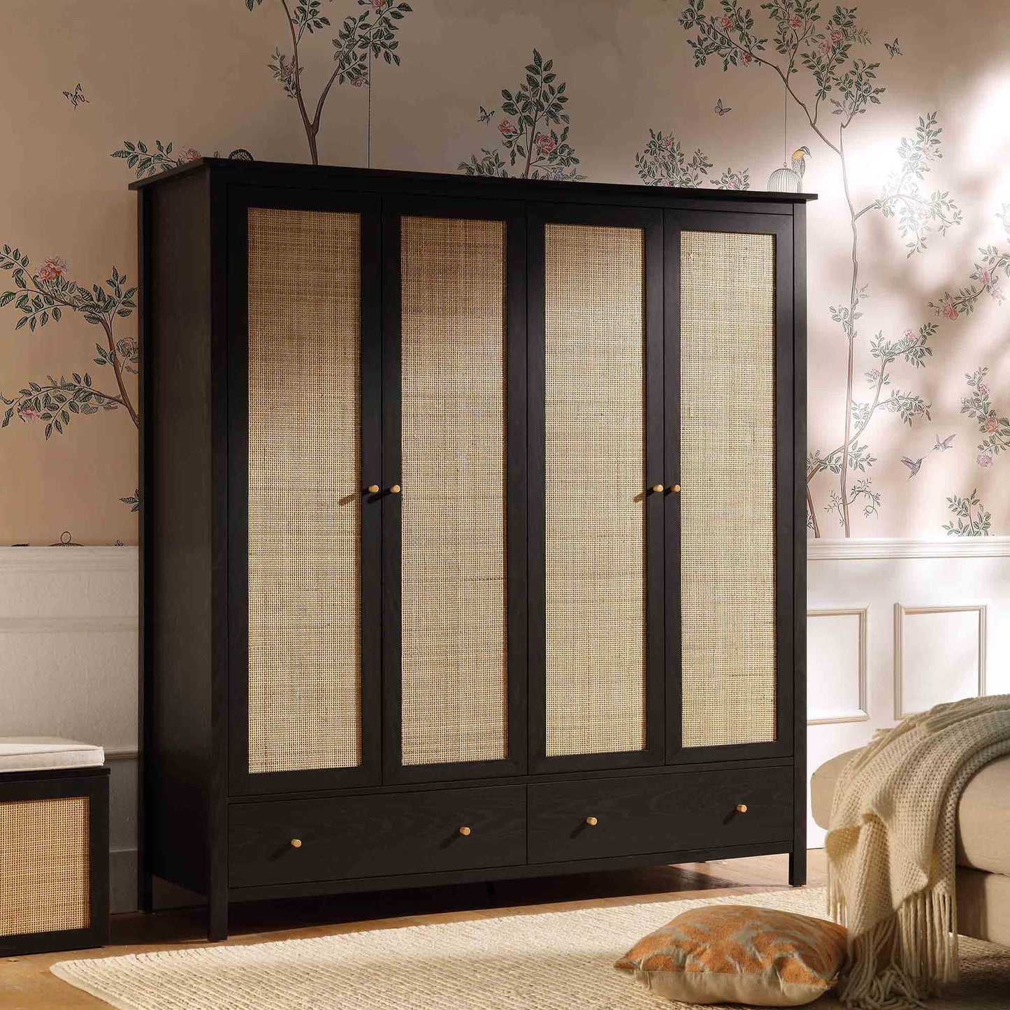 Frances Rattan 4-Door Wardrobe with 2 Drawers, Black