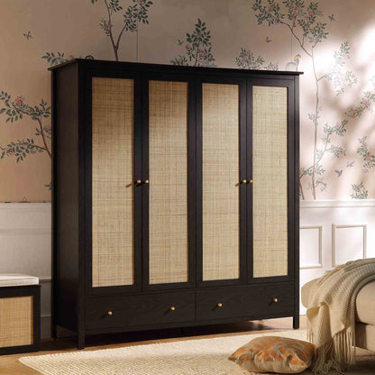 Frances Rattan 4-Door Wardrobe with 2 Drawers, Black