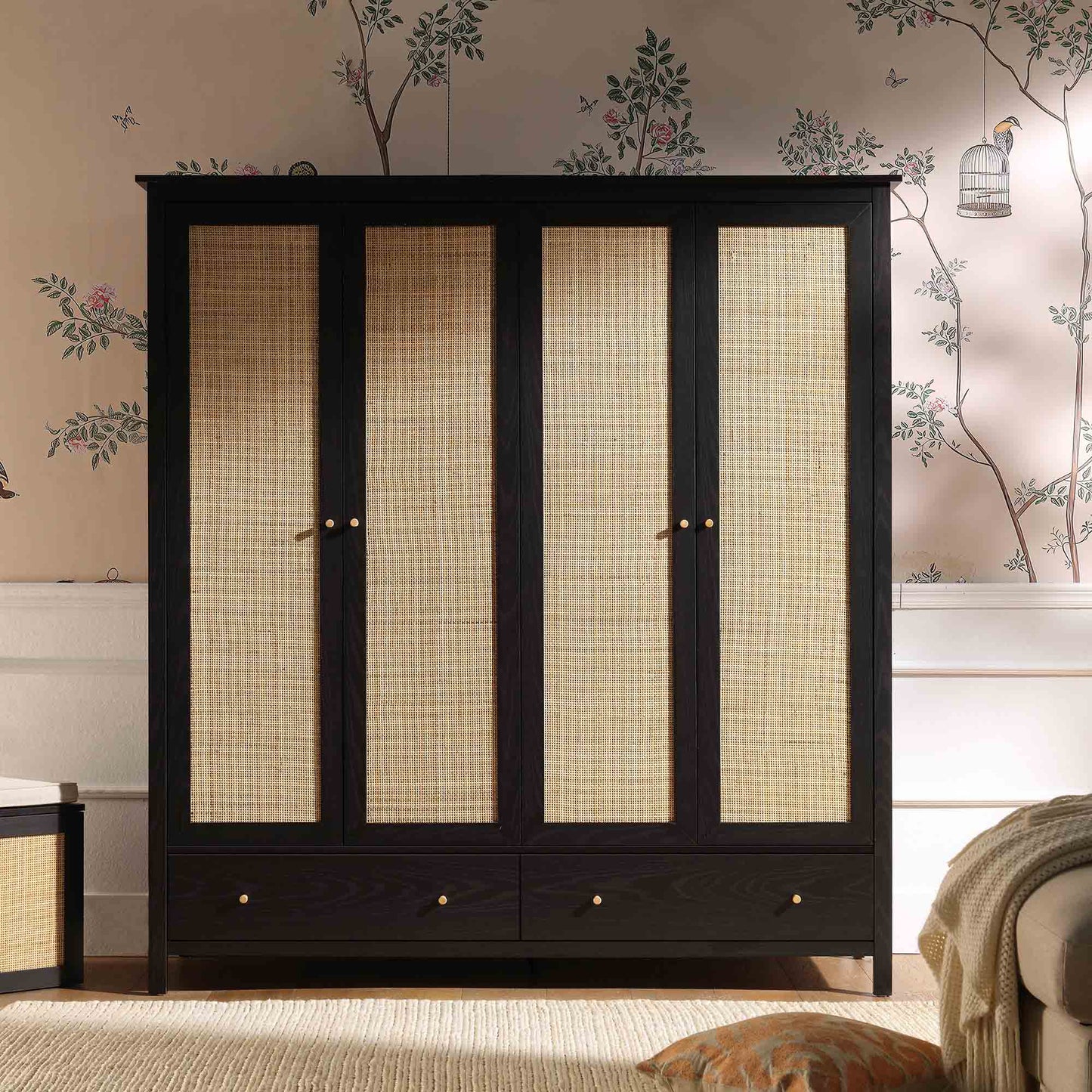 Frances Rattan 4-Door Wardrobe with 2 Drawers, Black