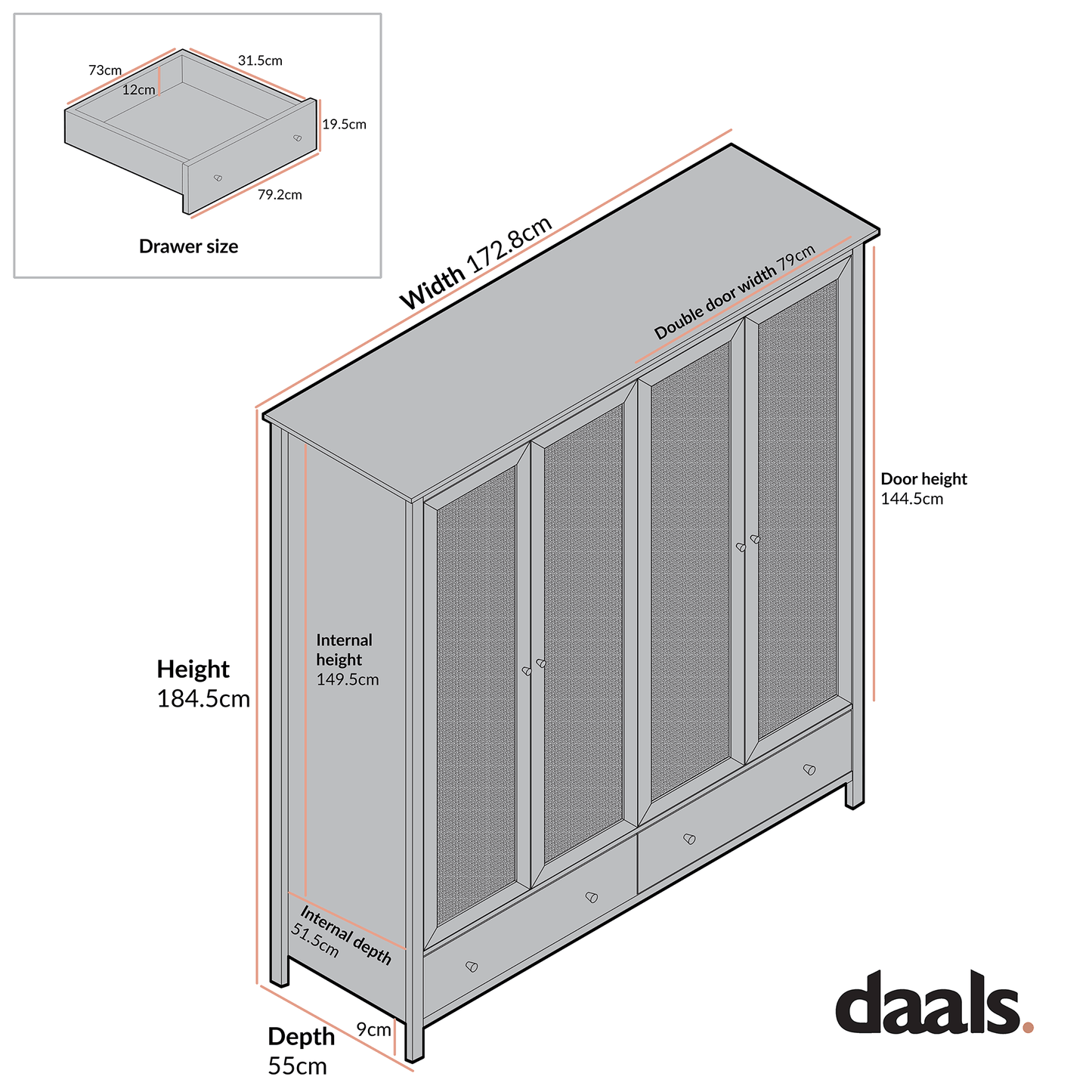 Frances Rattan 4-Door Wardrobe with 2 Drawers, Black