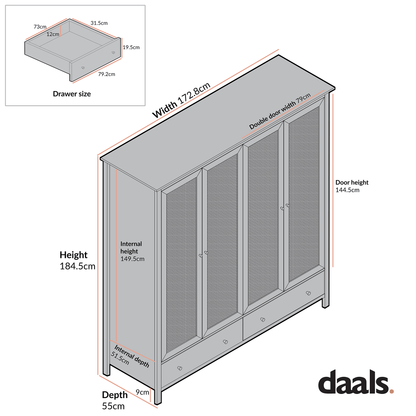 Frances Rattan 4-Door Wardrobe with 2 Drawers, Black