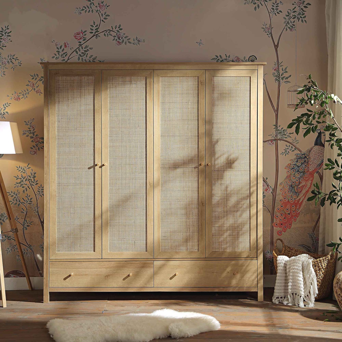 Frances Rattan 4-Door Wardrobe with 2 Drawers, Natural