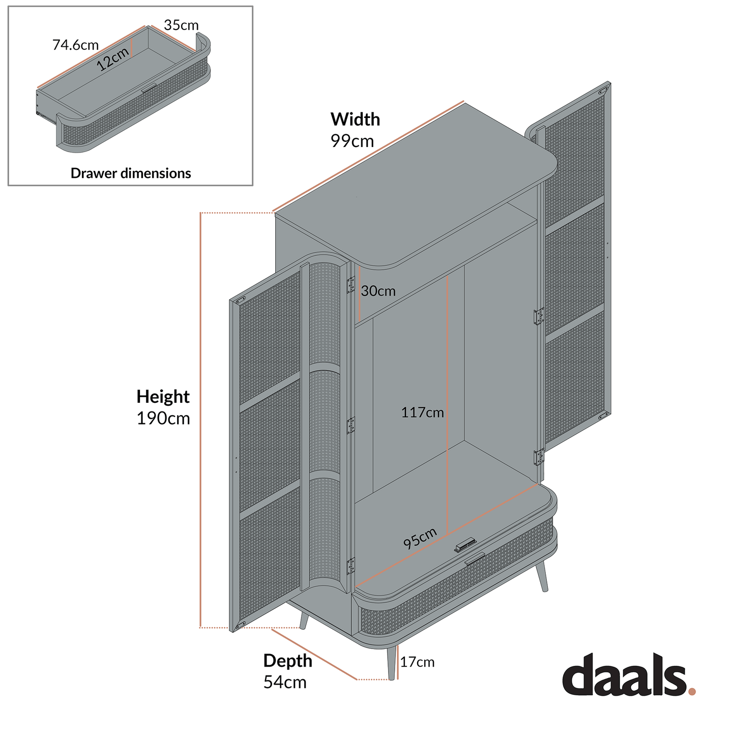 Izzy Curved Rattan Double Wardrobe, Natural