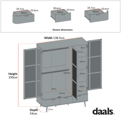 Izzy Curved Rattan Triple Wardrobe, Walnut