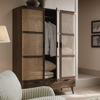 Izzy Curved Rattan Triple Wardrobe, Walnut