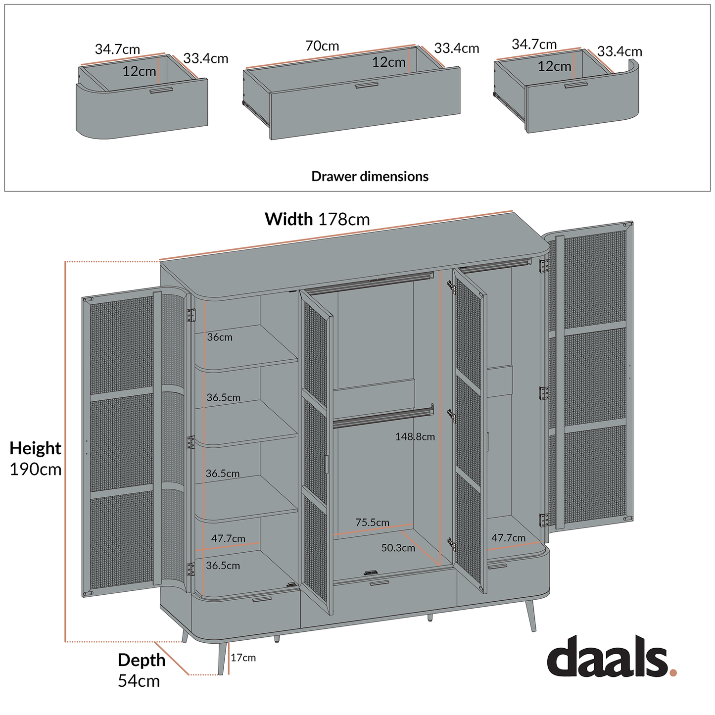 Izzy Curved Rattan 4-Door Wardrobe, Natural