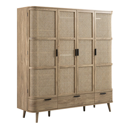 Izzy Curved Rattan 4-Door Wardrobe, Natural