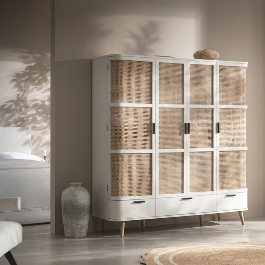 Izzy Curved Rattan 4-Door Wardrobe, White