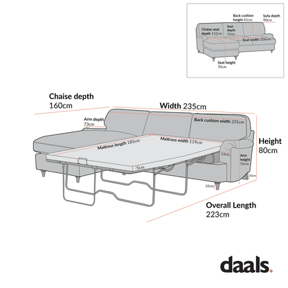 Daphnis Oatmeal Fabric Sofa Bed, Grande Chaise Left Hand Facing