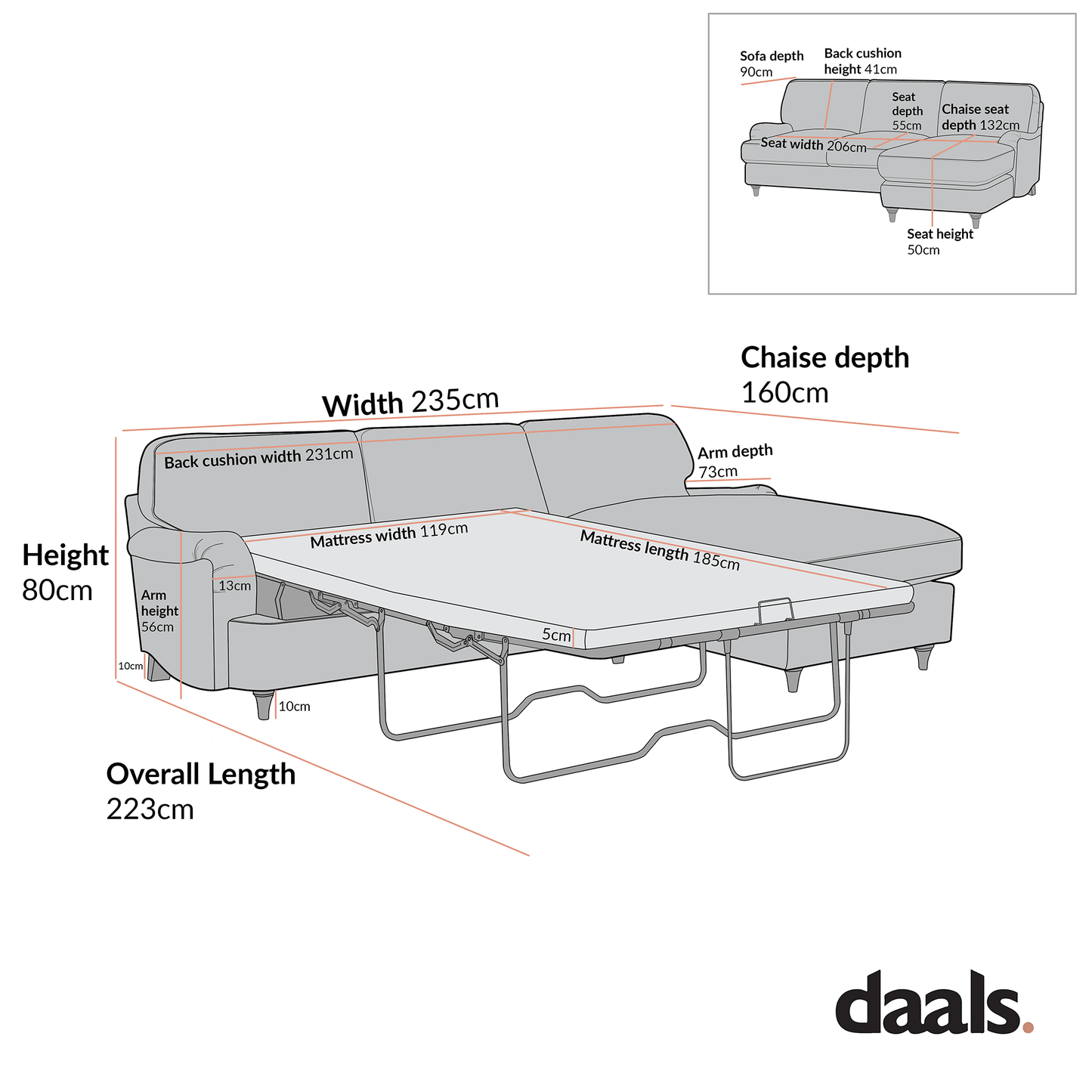 Daphnis Fudge Velvet Sofa Bed, Grande Chaise Right Hand Facing
