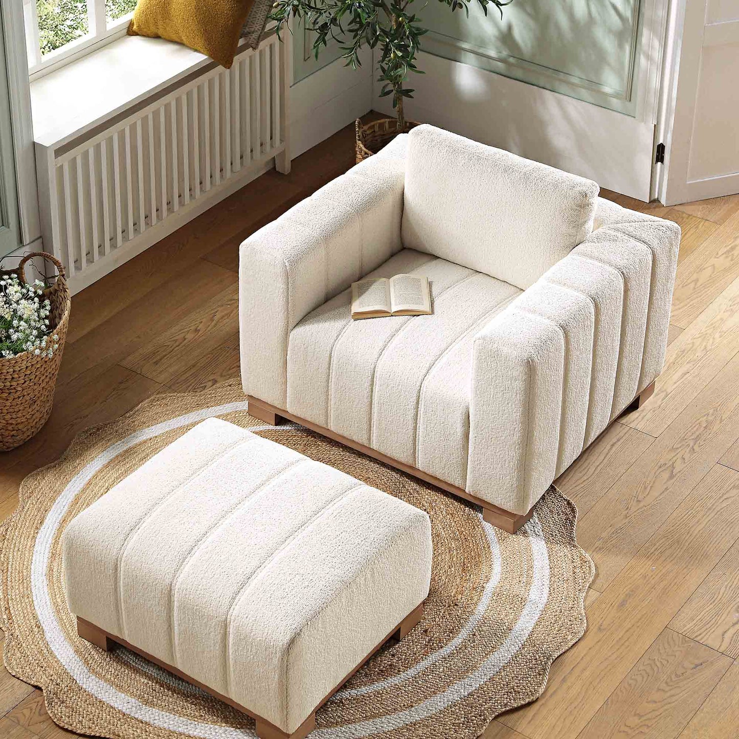 Belsize Beige Boucle Sofa with Wooden Base, 1-Seater