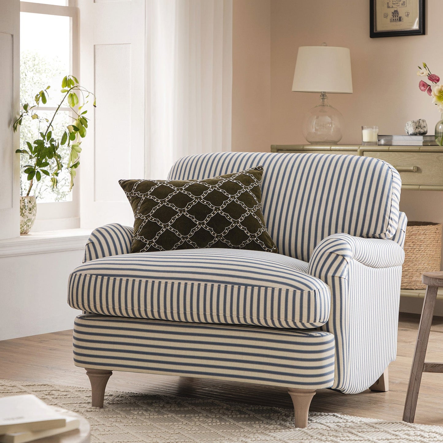 Daphnis Blue Striped Linen Blend Sofa, 1-Seater