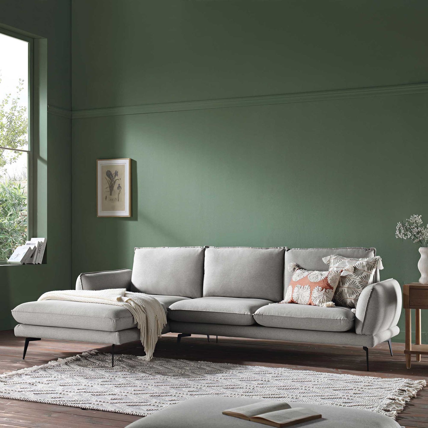 Obriel Grey Marl Fabric Sofa, Grande Chaise Sofa Left Hand Facing