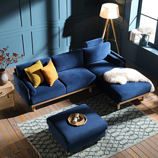 Timber Navy Blue Velvet Sofa, Large 3-Seater Chaise Sofa Right Hand Facing