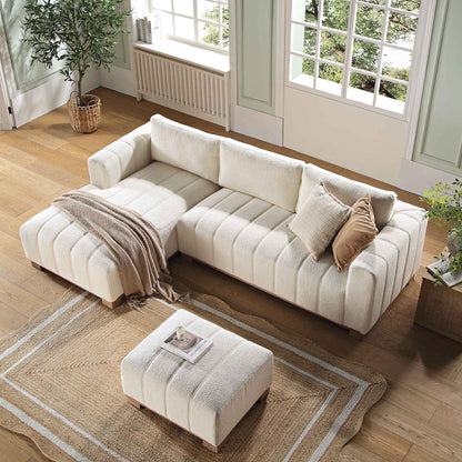 Belsize Beige Boucle Sofa with Wooden Base, Large Chaise Left Hand Facing