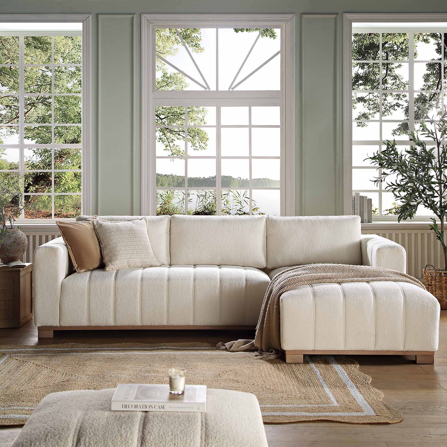 Belsize Beige Boucle Sofa with Wooden Base, Large Chaise Right Hand Facing