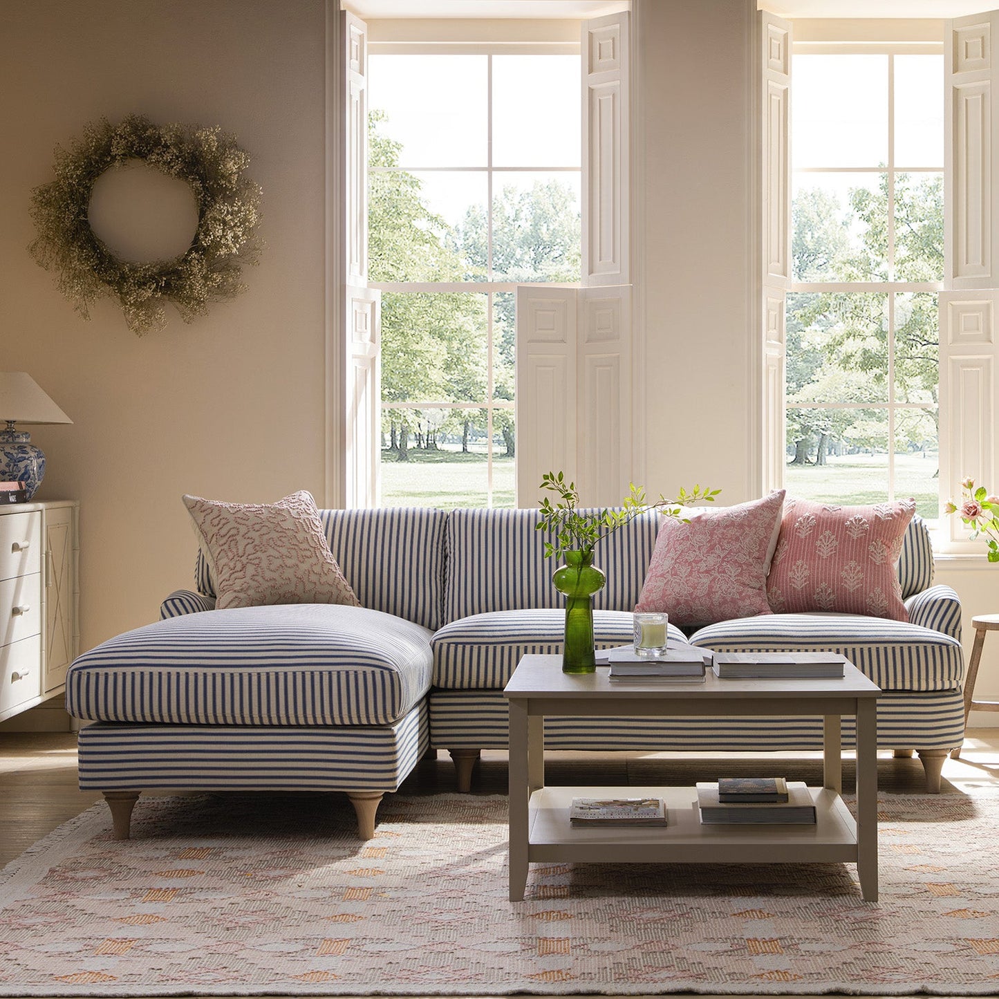 Daphnis Blue Striped Linen Blend Sofa, Grande Chaise Sofa Left Hand Facing