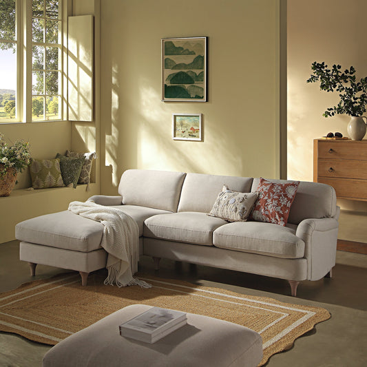 Daphnis Oatmeal Fabric Sofa, Grande Chaise Sofa Left Hand Facing