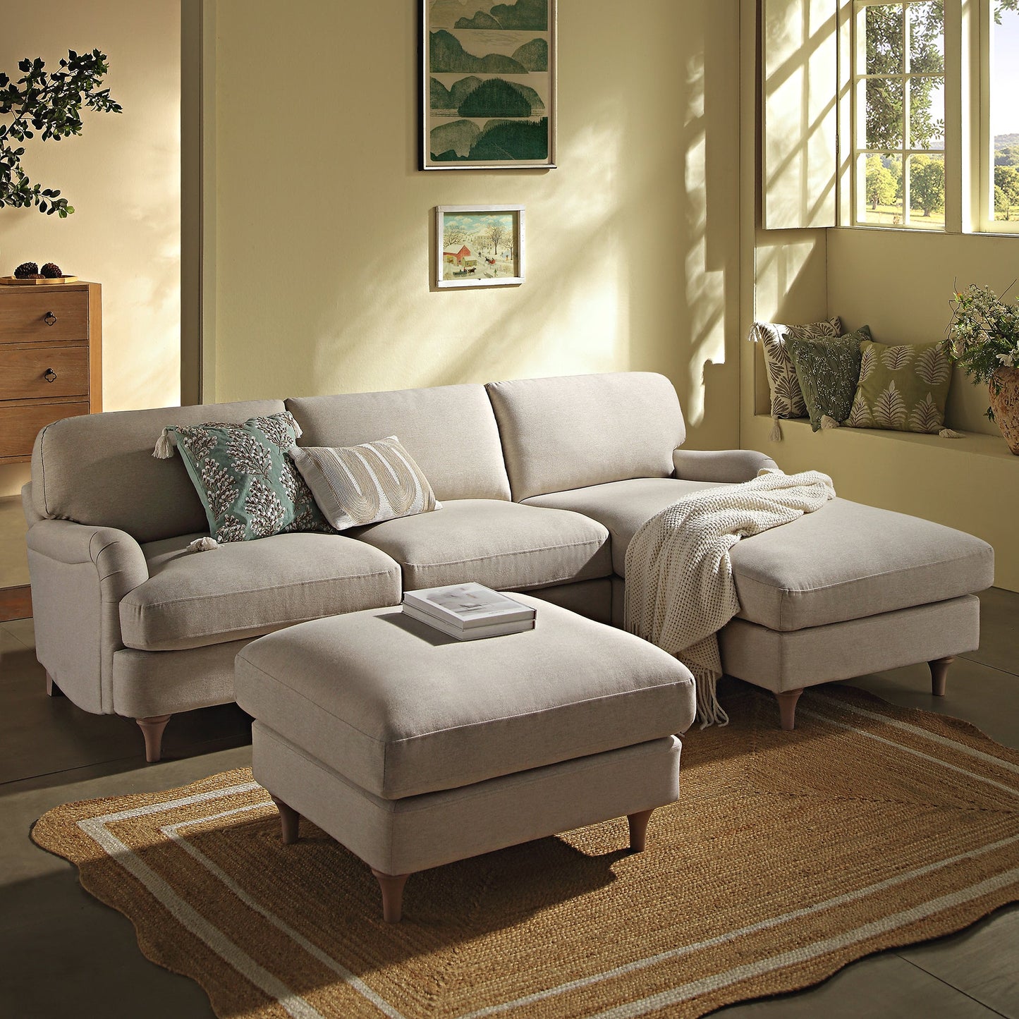 Daphnis Oatmeal Fabric Sofa, Grande Chaise Sofa Right Hand Facing