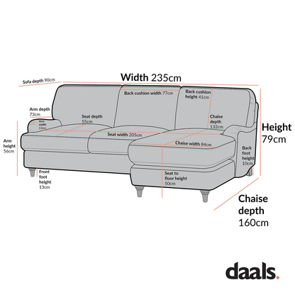 Daphnis Cinnamon Velvet Sofa, Grande Chaise Sofa Right Hand Facing