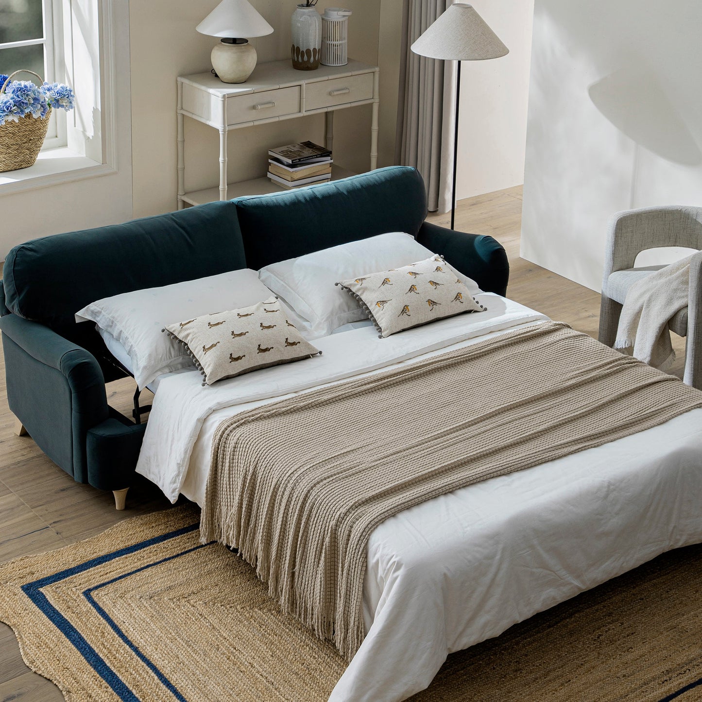 Daphnis Aegean Blue Velvet Sofa Bed, Large 3-Seater