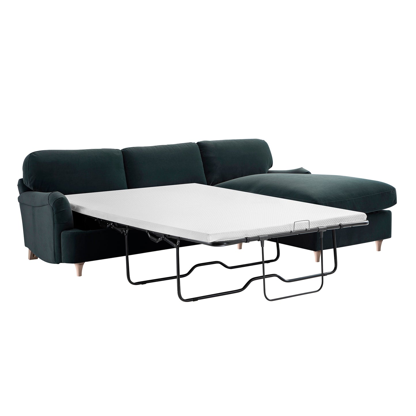 Daphnis Aegean Blue Velvet Sofa Bed, Grande Chaise Right Hand Facing