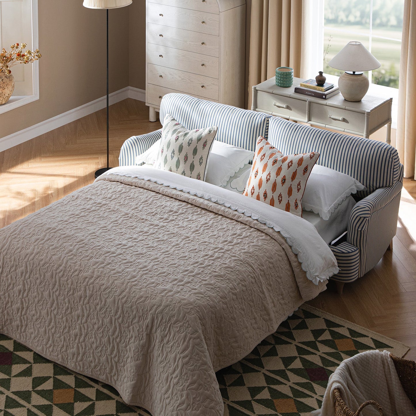 Daphnis Blue Striped Linen Blend Sofa Bed, Large 3-Seater