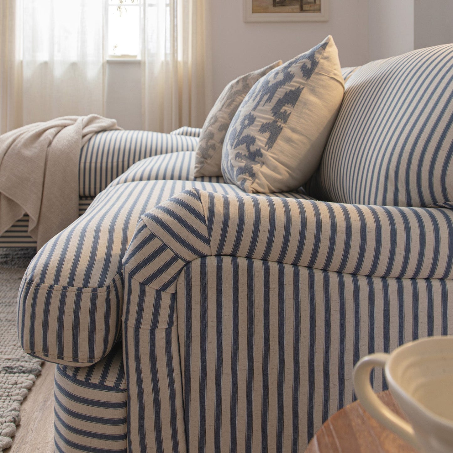 Daphnis Blue Striped Linen Blend Sofa Bed, Grande Chaise Left Hand Facing