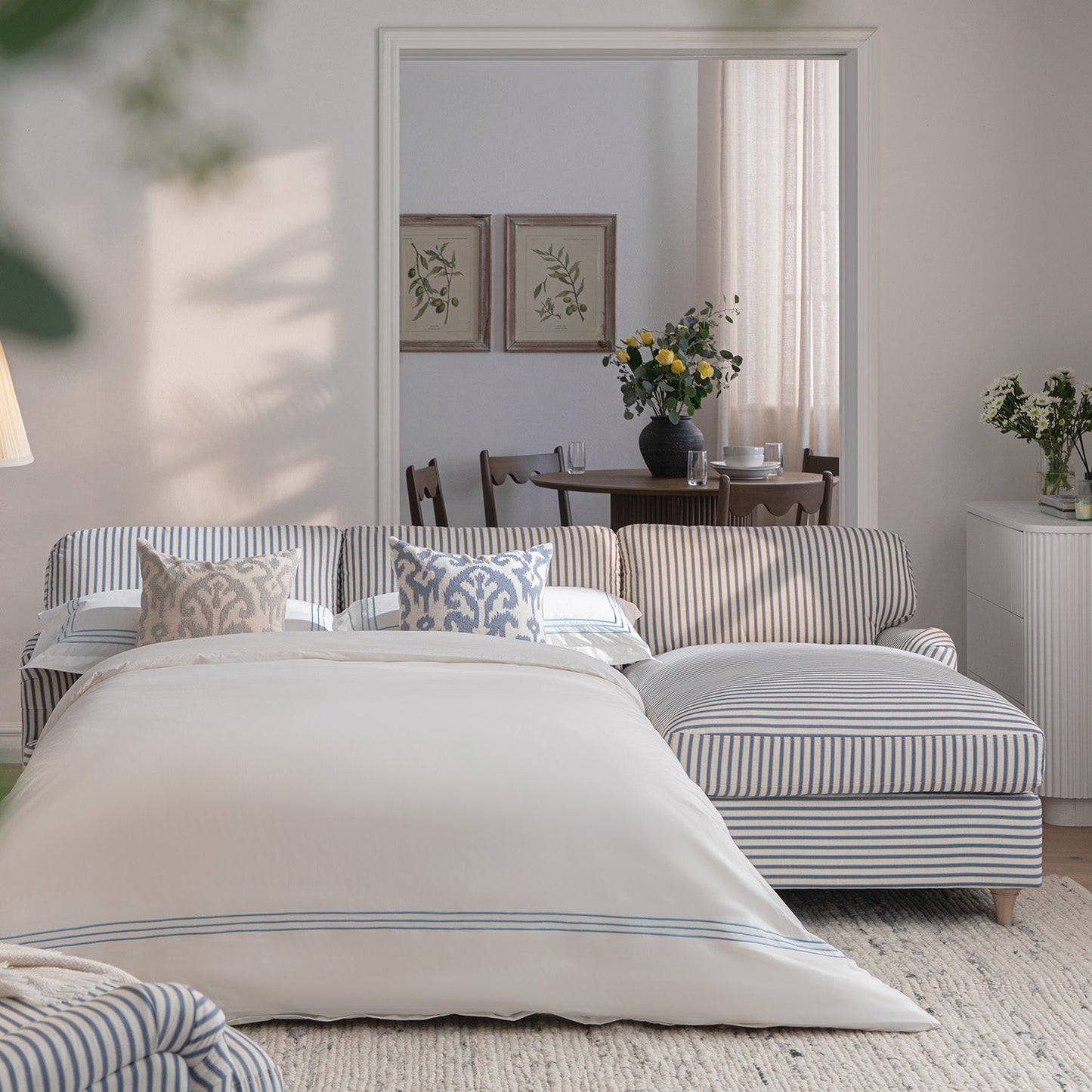 Daphnis Blue Striped Linen Blend Sofa Bed, Grande Chaise Right Hand Facing