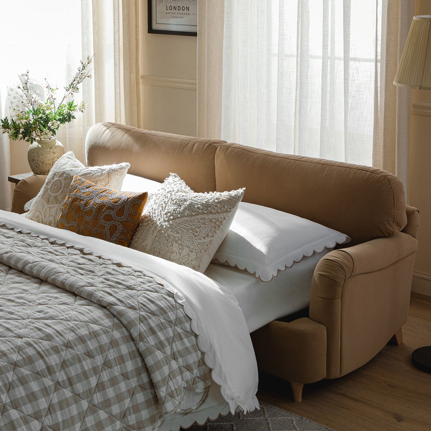 Daphnis Camel Velvet Sofa Bed, Large 3-Seater