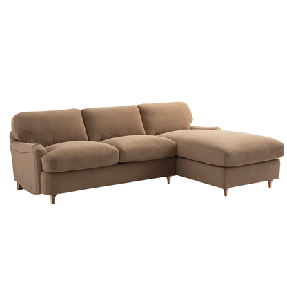 Daphnis Camel Velvet Sofa Bed, Grande Chaise Right Hand Facing