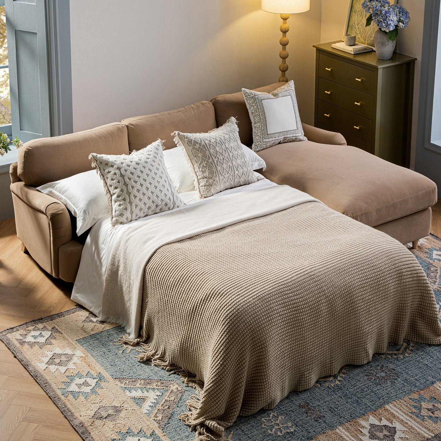 Daphnis Camel Velvet Sofa Bed, Grande Chaise Right Hand Facing