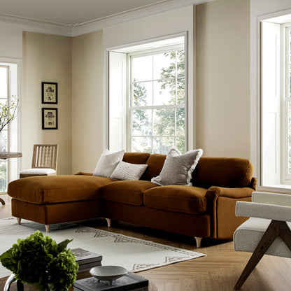 Daphnis Cinnamon Velvet Sofa Bed, Grande Chaise Left Hand Facing