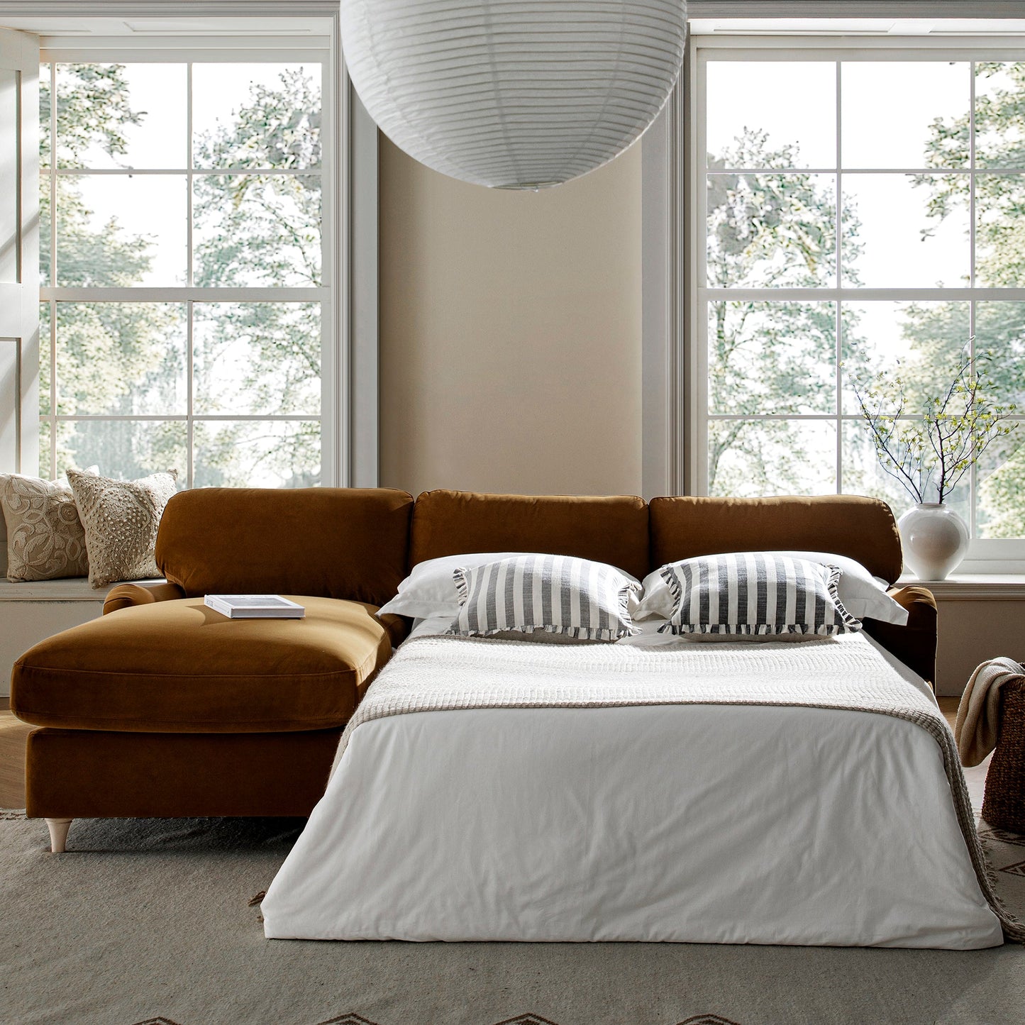 Daphnis Cinnamon Velvet Sofa Bed, Grande Chaise Left Hand Facing