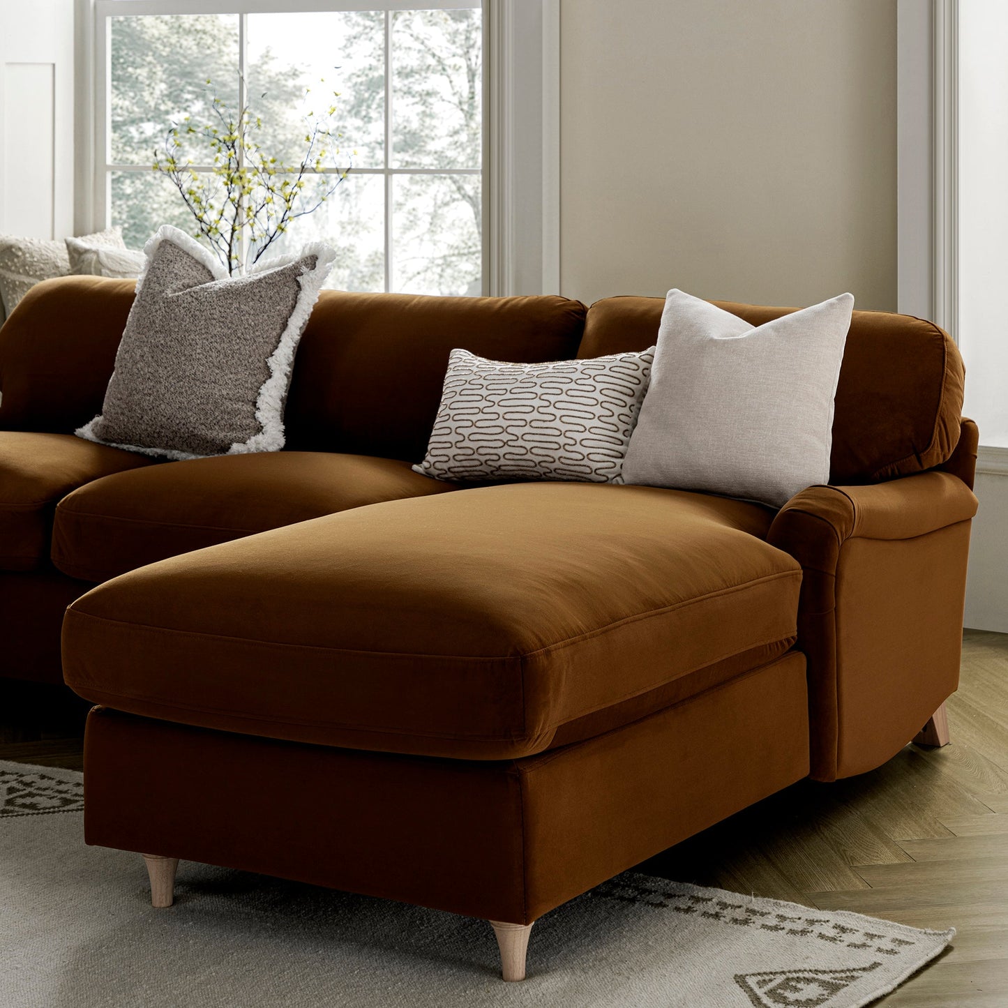 Daphnis Cinnamon Velvet Sofa Bed, Grande Chaise Sofa Right Hand Facing