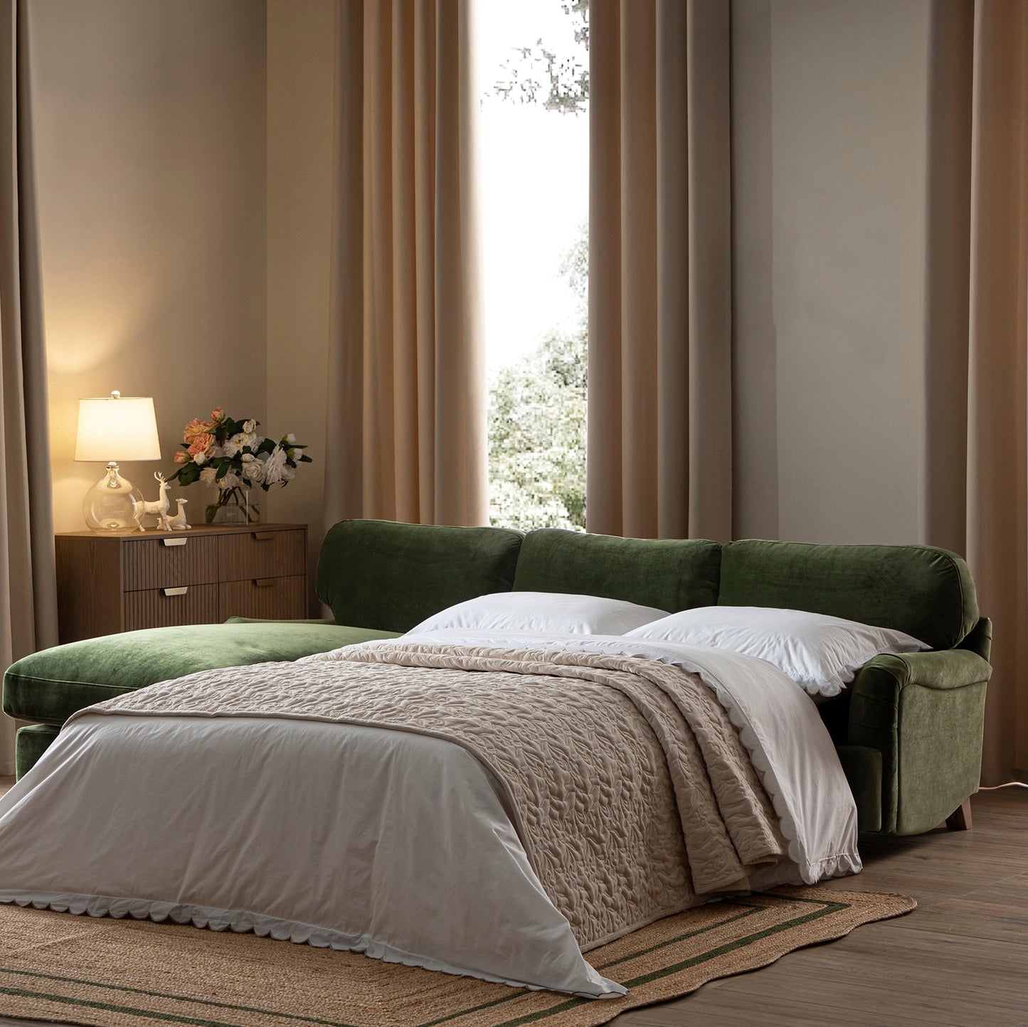 Daphnis Fern Green Velvet Sofa Bed, Grande Chaise Left Hand Facing