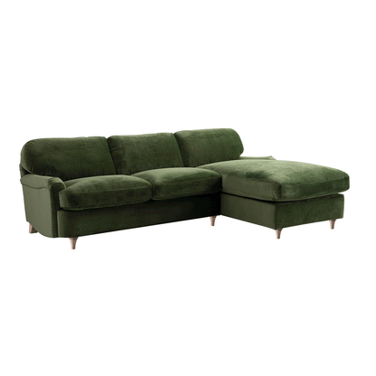 Daphnis Fern Green Velvet Sofa Bed, Grande Chaise Right Hand Facing