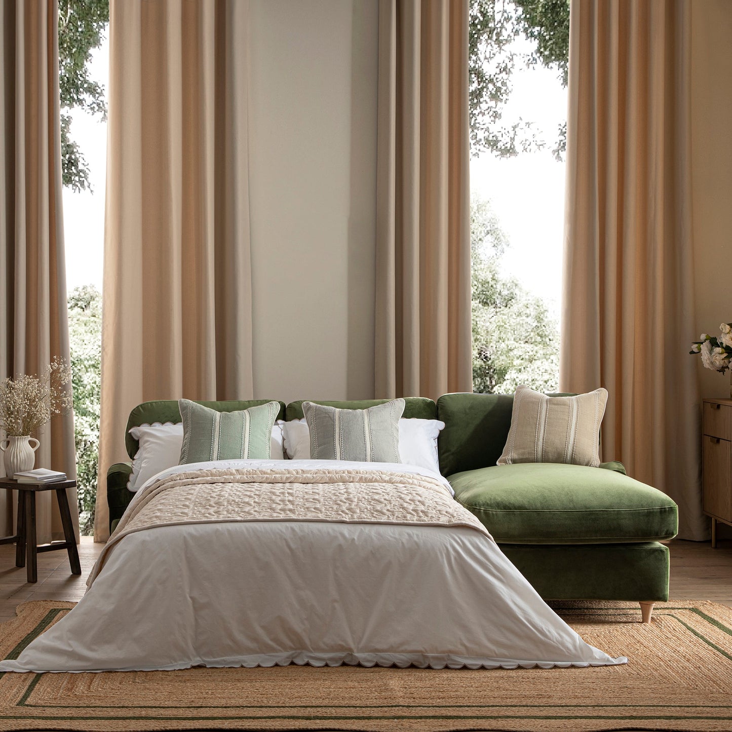 Daphnis Fern Green Velvet Sofa Bed, Grande Chaise Right Hand Facing