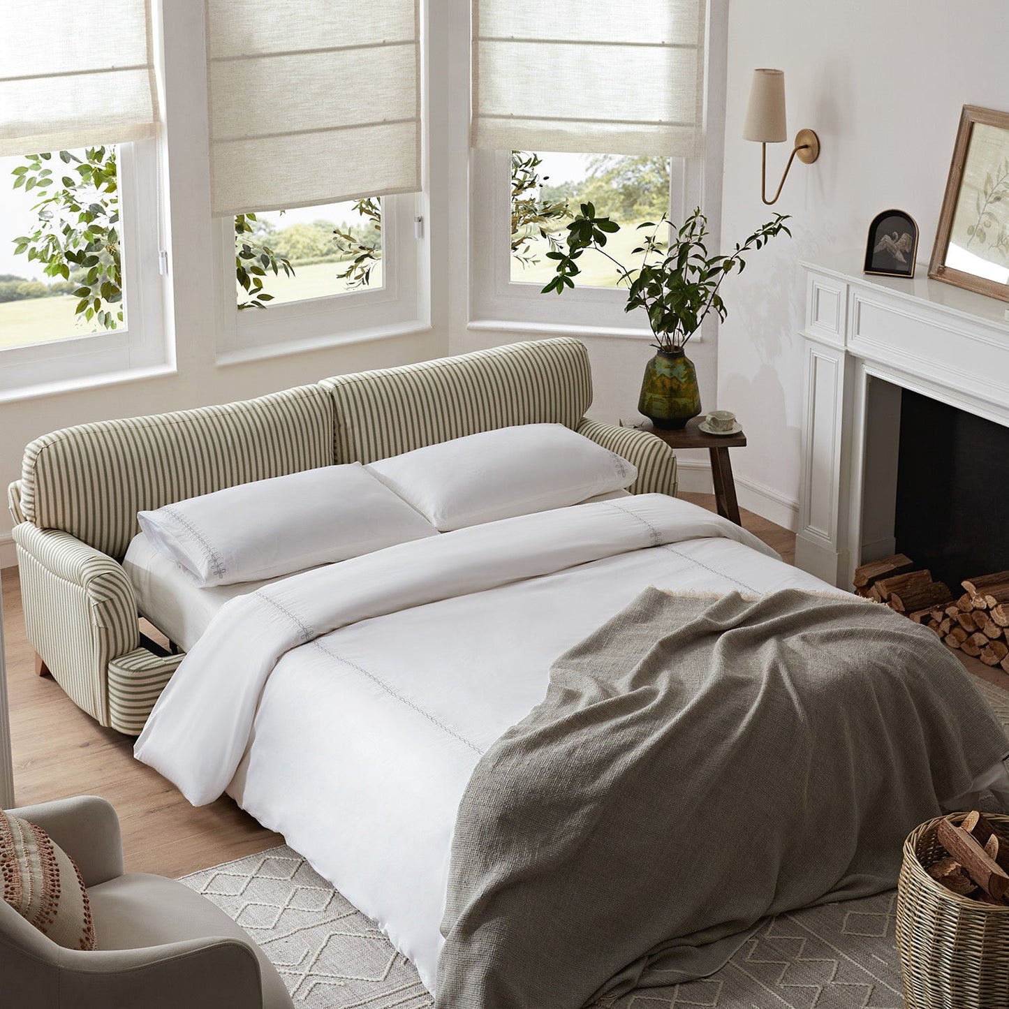 Daphnis Green Striped Linen Blend Sofa Bed, Large 3-Seater